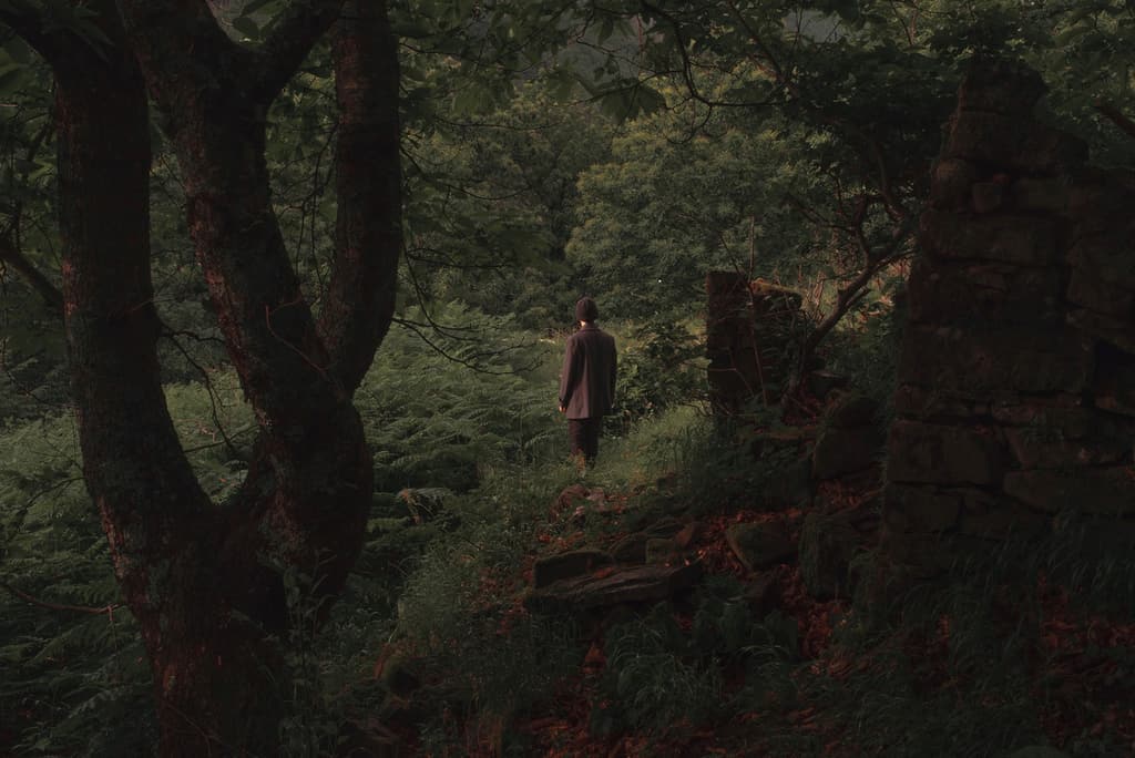 Distant figure in red standing among trees and ruined stone walls in a dark forest clearing.
